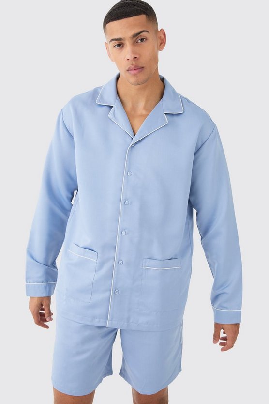 Satin Paspeln Hemd & Loungewear Shorts Set