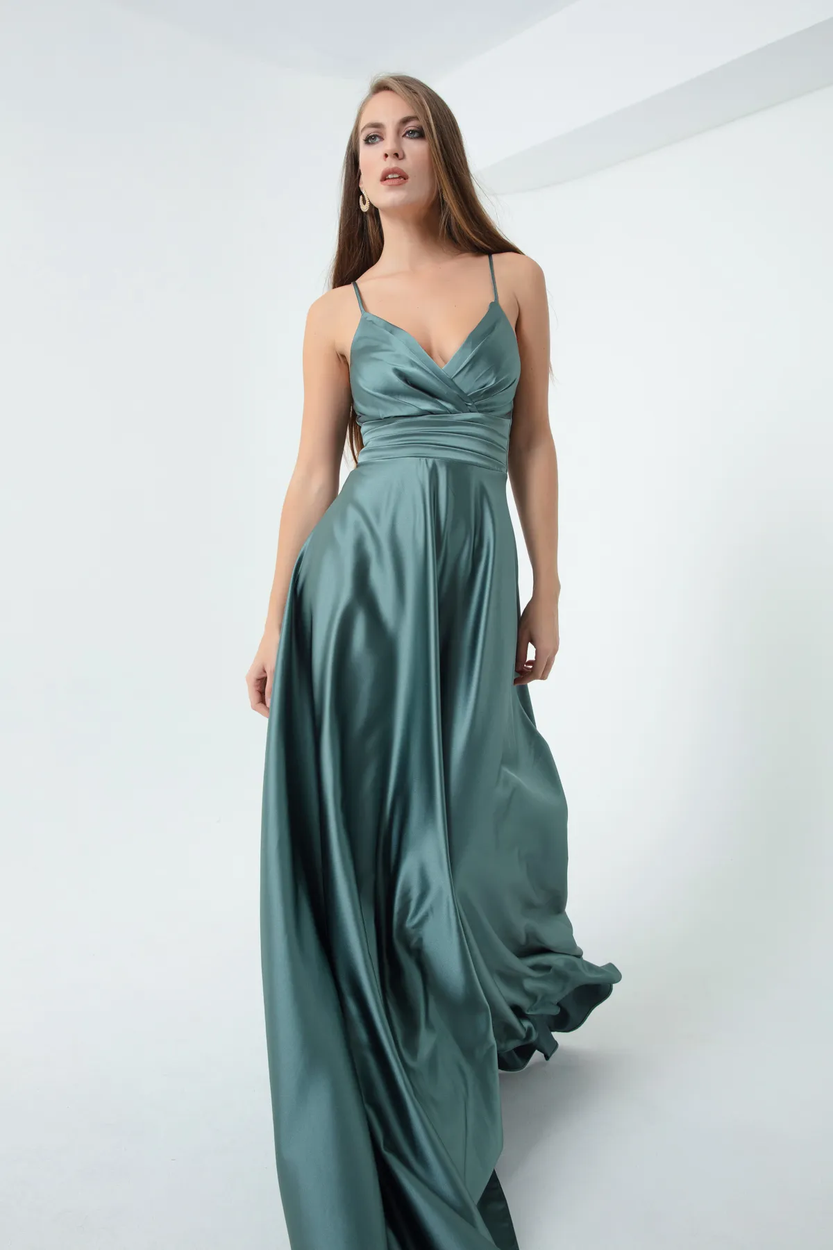 Lafaba  Türkises langes Abendkleid aus Satin mit Seilträgern und Taillengürtel für Damen & Abschlussballkleid