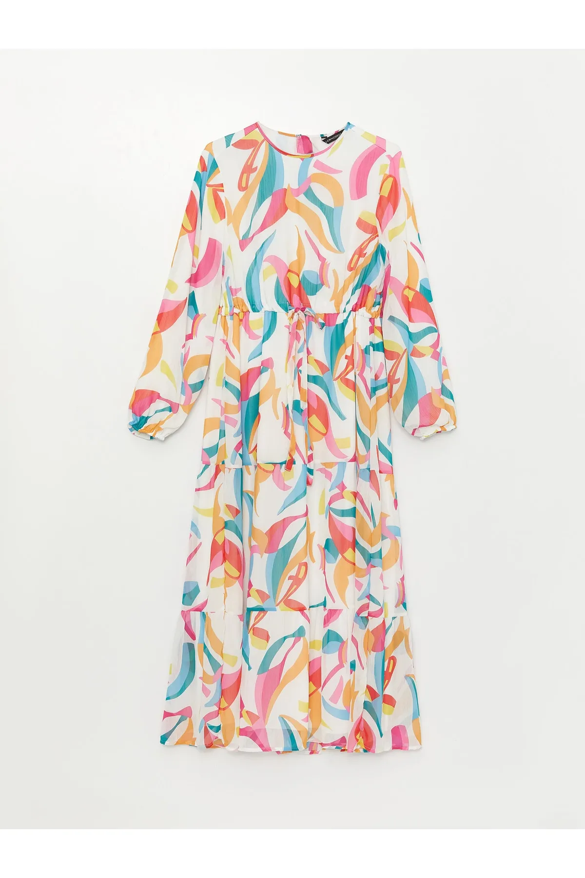 LC Waikiki  Gemustertes Langarmkleid für Damen mit Rundhalsausschnitt