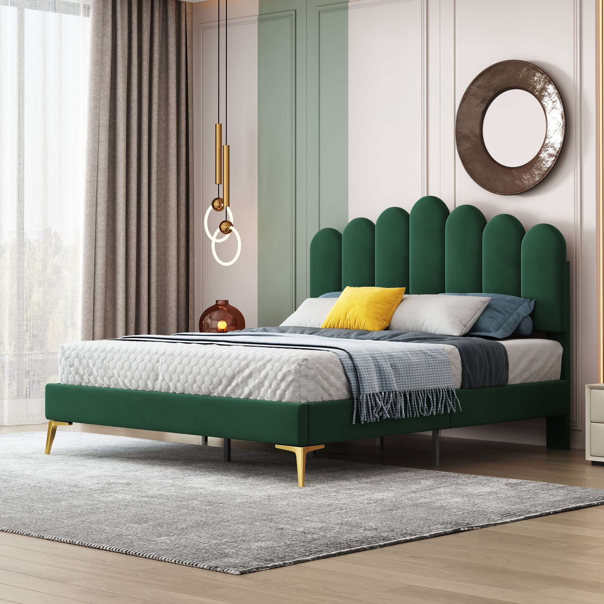 HAUSS SPLOE Polsterbett Polsterbett Funktionsbett Bettrahmen KInderbett Doppelbett (hautfreundlichem Samtstoff, Bettgestell mit Kopfteil und Lattenrost), ohne Matratze