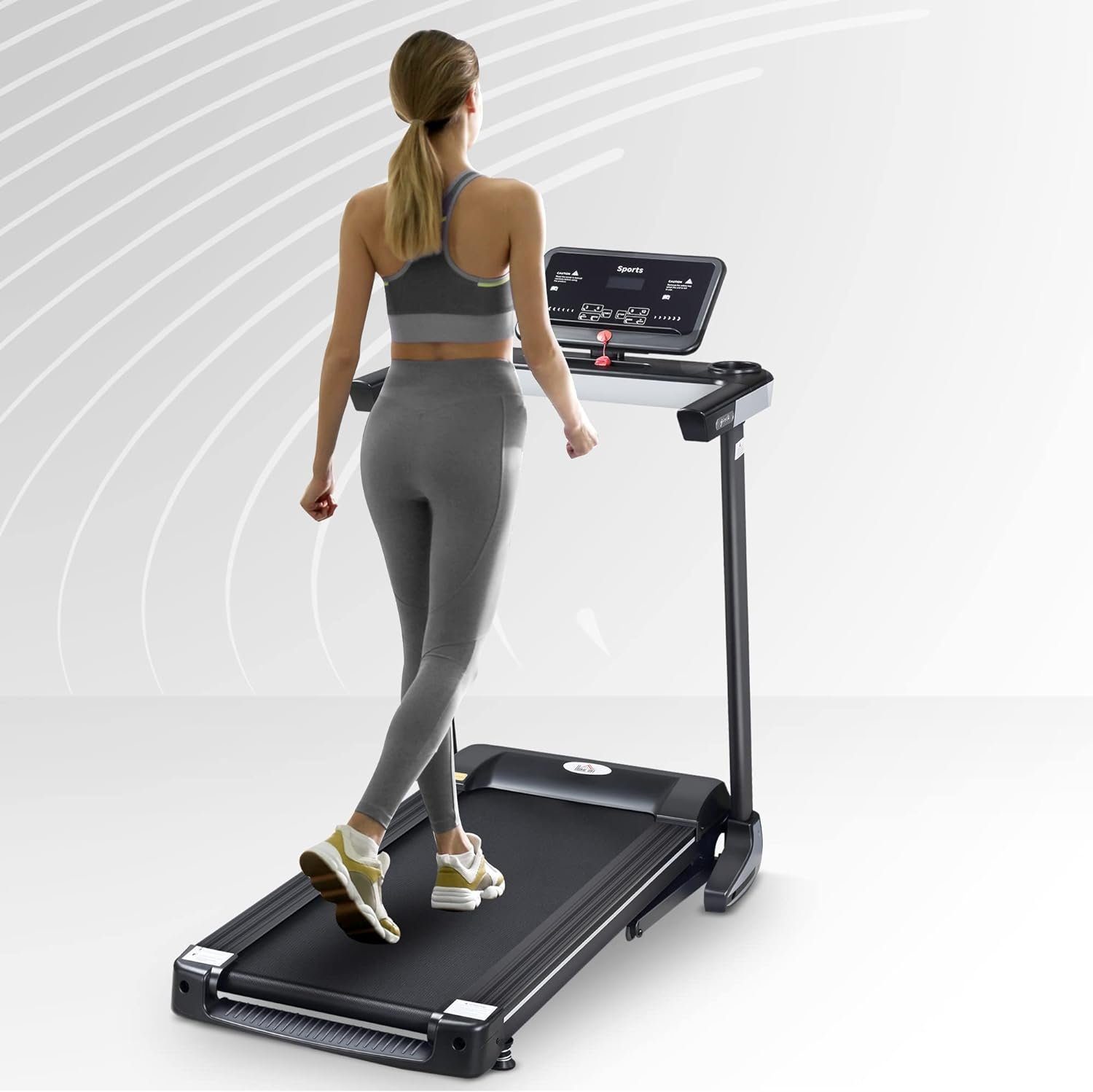 HOMCOM Laufband (Motorisiertes Laufband Fitnessgeräte Klappbar Heimtrainer), mit 12 Programmen und Handyhalterung Belastbarkeit bis 100 kg Stahl+PP