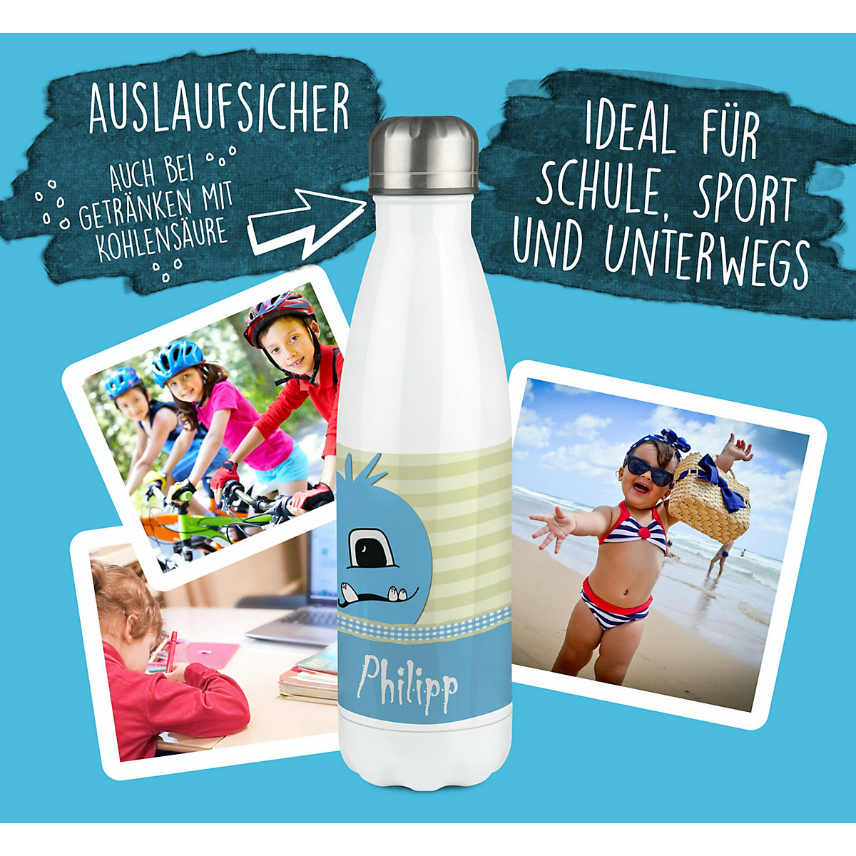 Edelstahl Kinder Thermoflasche / Trinkflasche bunt Monster Karo Farbe hellblau Spülmaschinenfest, Auslaufsicher, Bruchfest, Doppelwandig, Für Heißgetränke geeignet, Mit Deckel, Isoliert