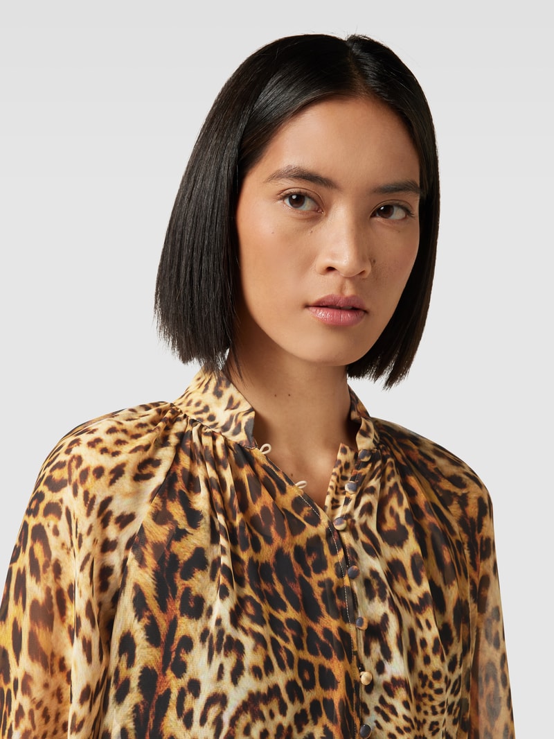 Bluse mit Animal-Print und Stehkragen in hellbraun