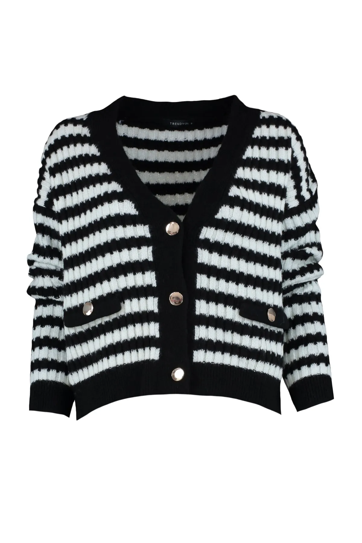Trendyol Collection  Schwarzer, weich strukturierter Strickcardigan mit Streifen TWOAW23HI00266