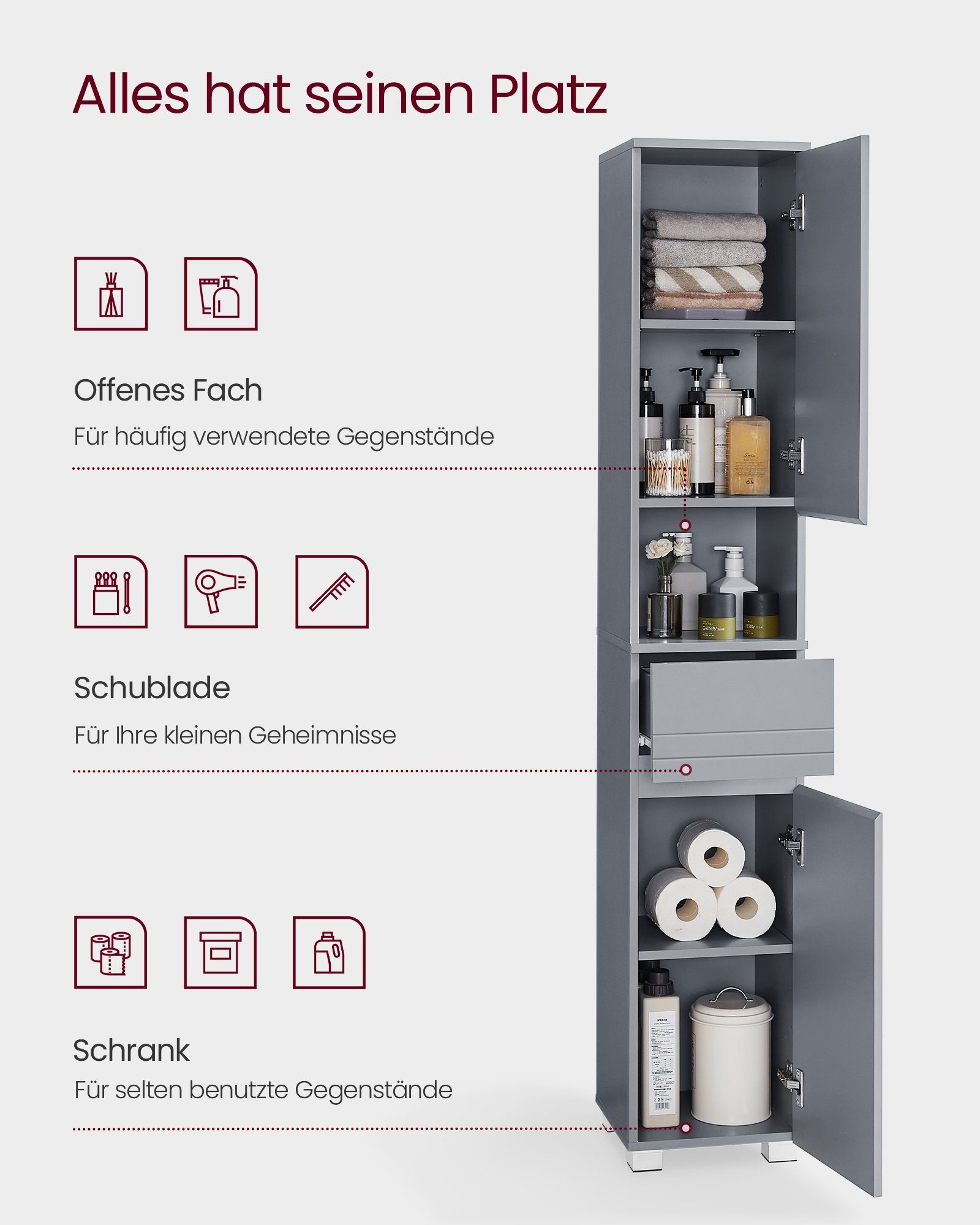 VASAGLE Badkommode Badezimmerschrank, mit einer Schublade, verstellbare Ablagen