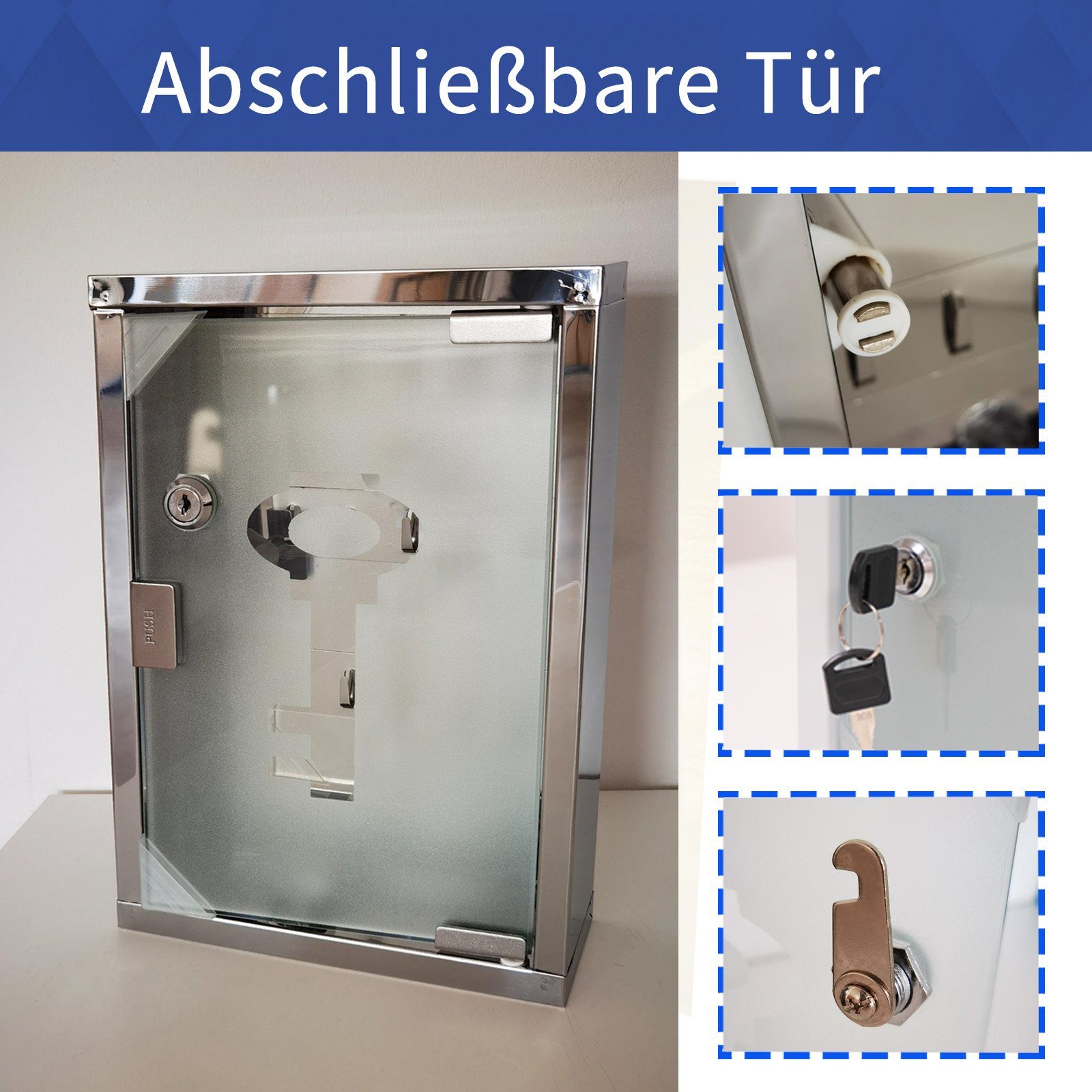 Natsen Schlüsselkasten, Schlüsselbox Edelstahl Abschließbare Glastür 18 Haken Silber