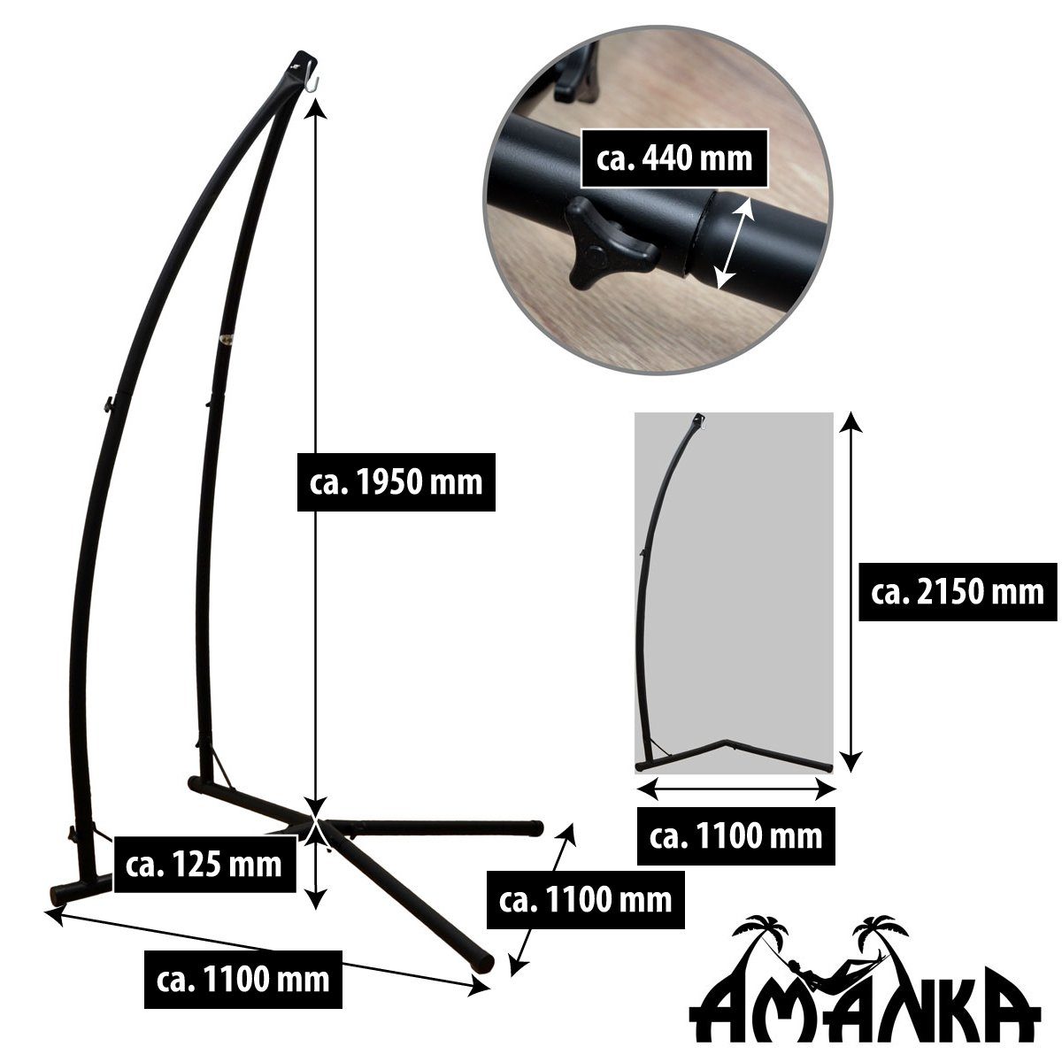 AMANKA Hängemattengestell Hängesessel Gestell Outdoor bis 120kg 215cm, Stahlrohr Ständer für Hängestuhl