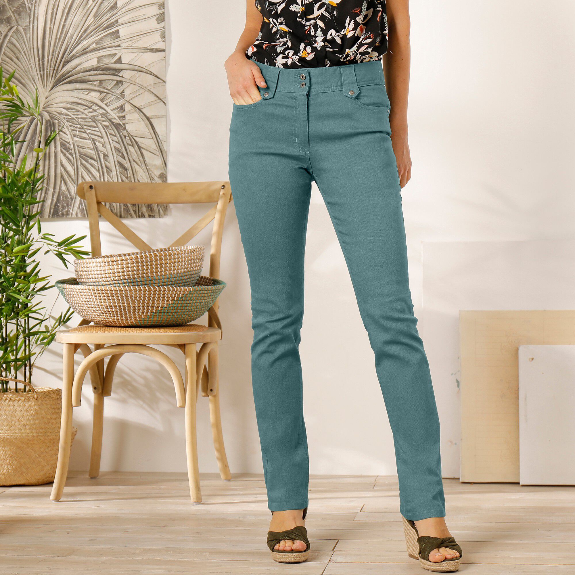 Pantalon droit taille haute effet denim