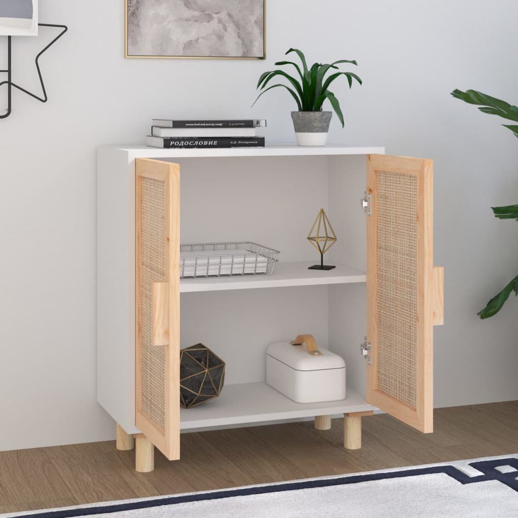 vidaXL Sideboard Sideboard Weiß 60x30x70 cm Massivholz Kiefer und Natur-Rattan (1 St)