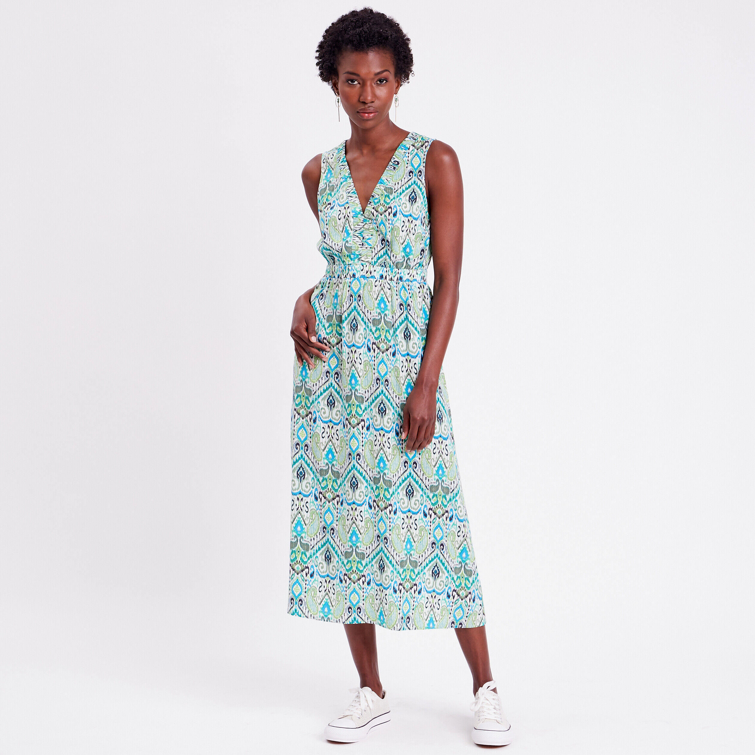 Robe longue évasée col en V blanc femme | Cache Cache