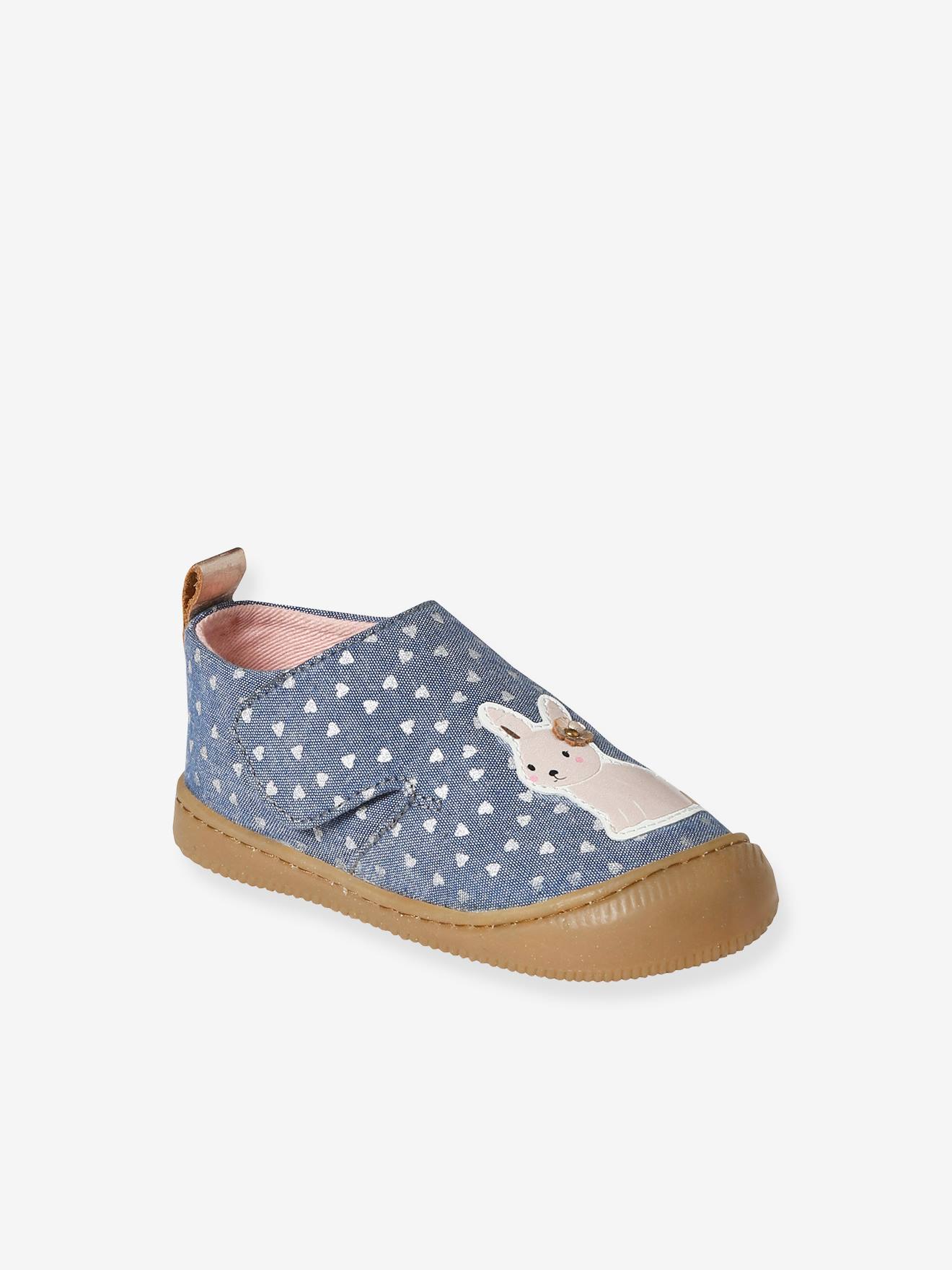 Chaussons scratchés bébé en toile imprimée bleu chambray