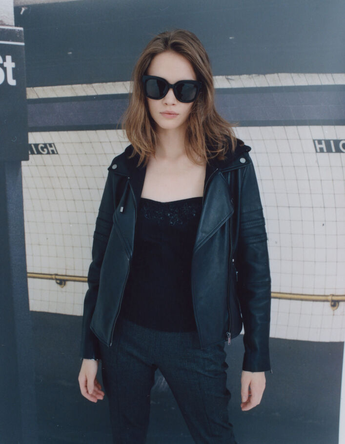 Veste en cuir noir esprit motard parmenture amovible Femme
