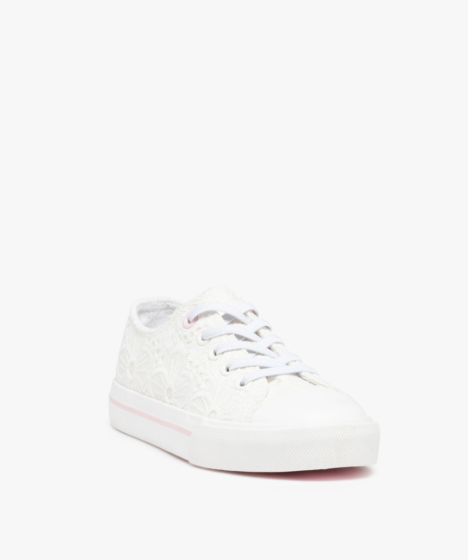 Baskets fille en dentelle anglaise unie et lacets élastiques blanc | GEMO