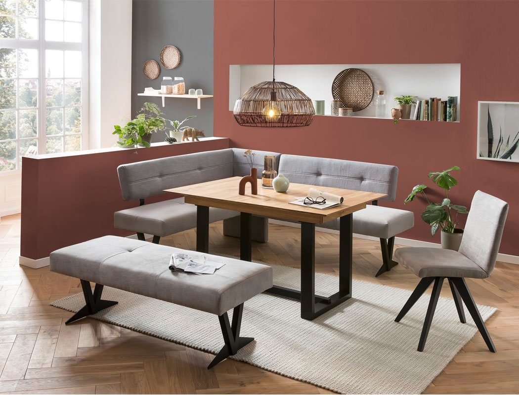 expendio Eckbankgruppe Gunar 1XL, (komplette Tischgruppe, Spar-Set, 4-tlg), Tisch Gunar Eiche rustikal + Eckbank + Bank Eda 3 + Stuhl Caja Gray