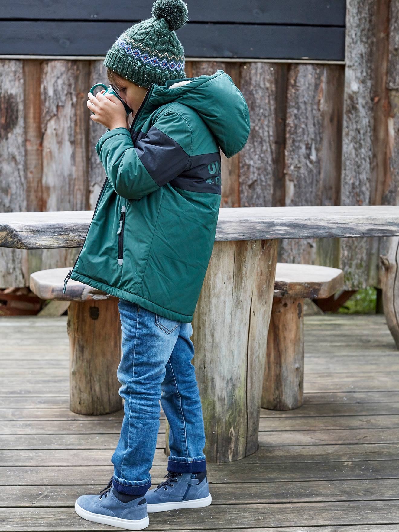 Parka longue à capuche color block garçon. vert