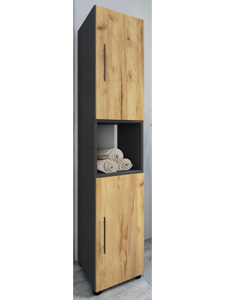 VCM  Holz Badmöbel Badschrank Hochschrank Flandu in Anthrazit / Honig-Eiche günstig kaufen onesize