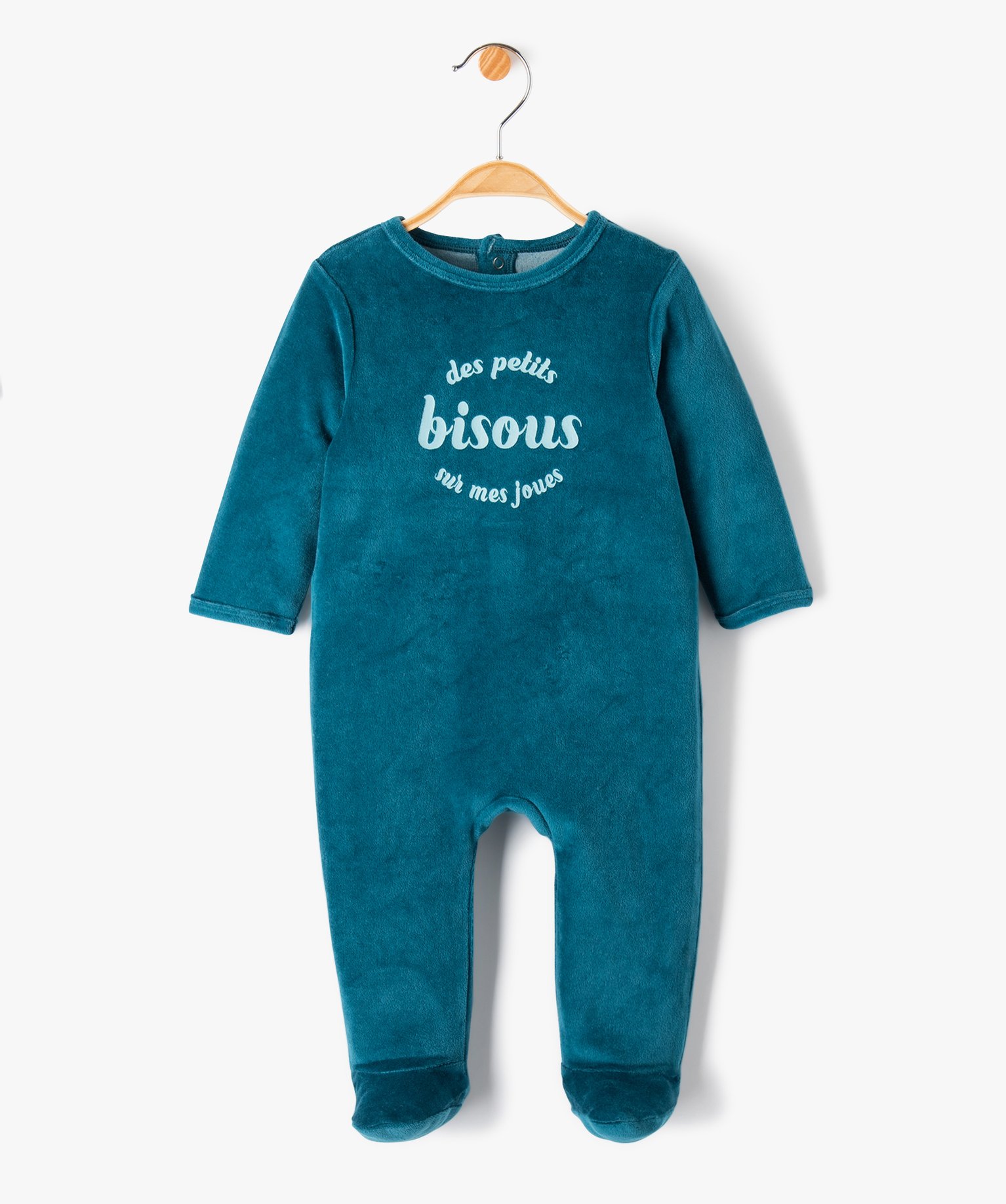 Pyjama bébé à pont-dos en velours avec message bleu fonce | GEMO