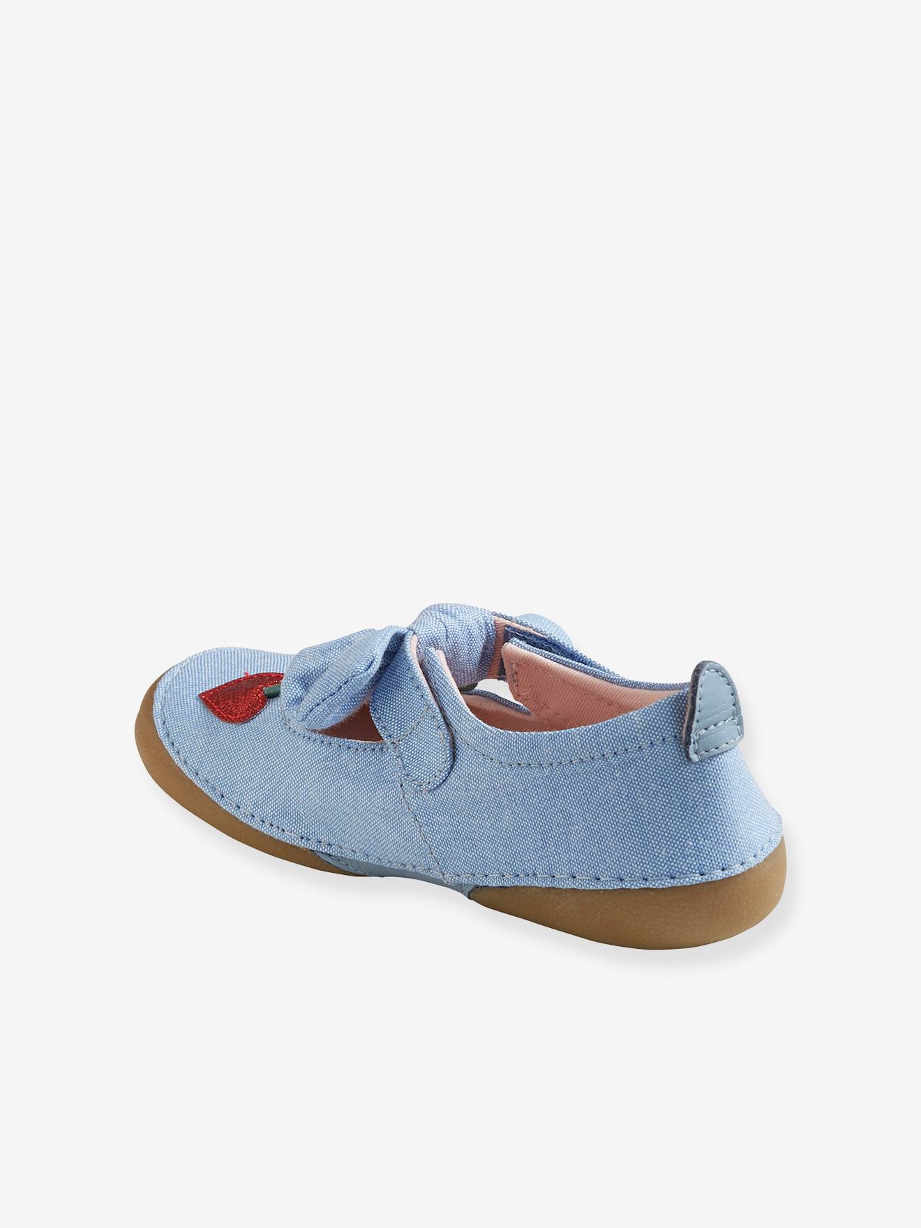 Chaussons scratchés fille en toile bleu clair denim