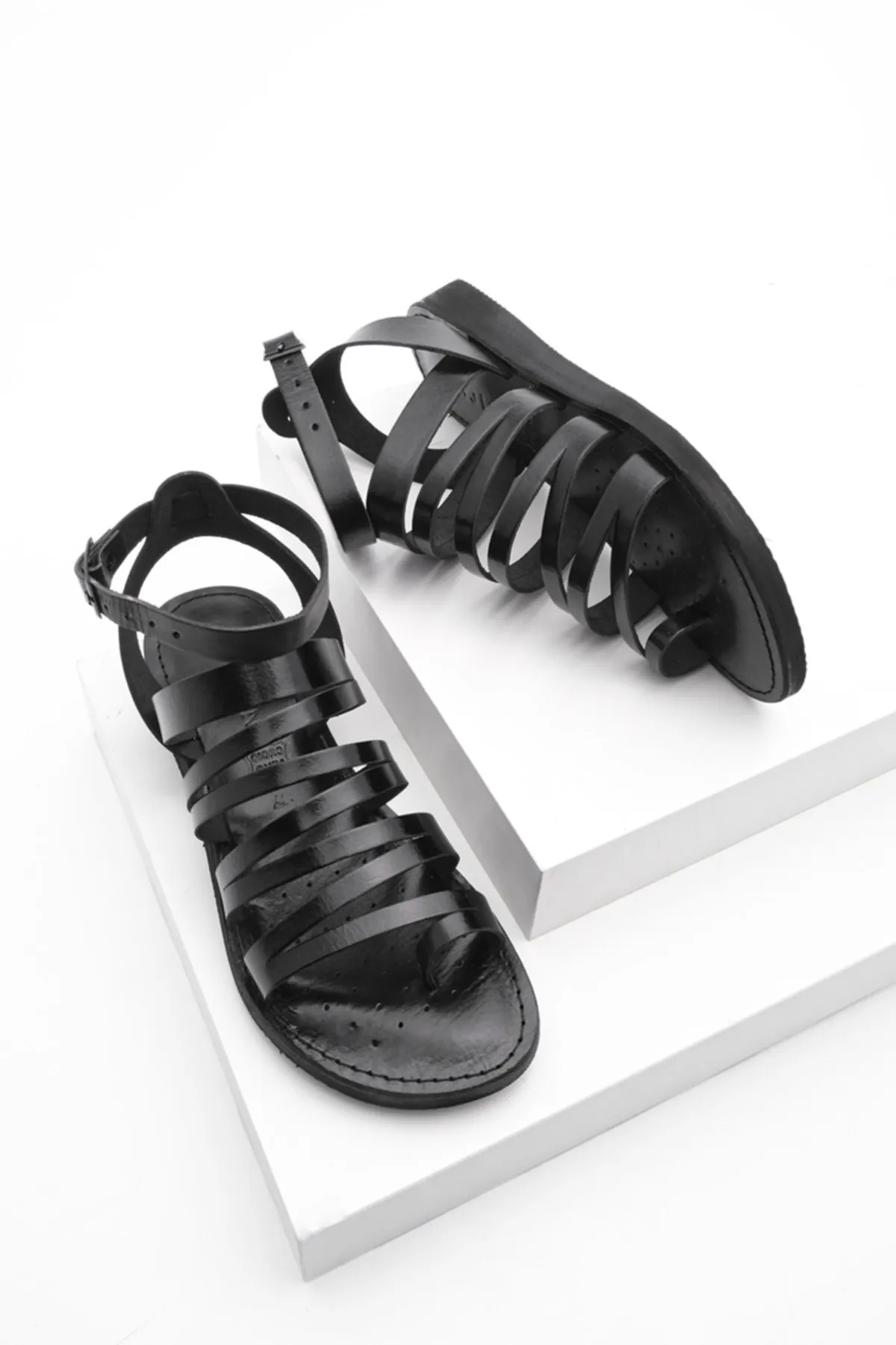 Marjin  Damen-Flip-Flops aus echtem Leder mit leichter Eva-Sohle, Alltagssandalen Saper schwarz