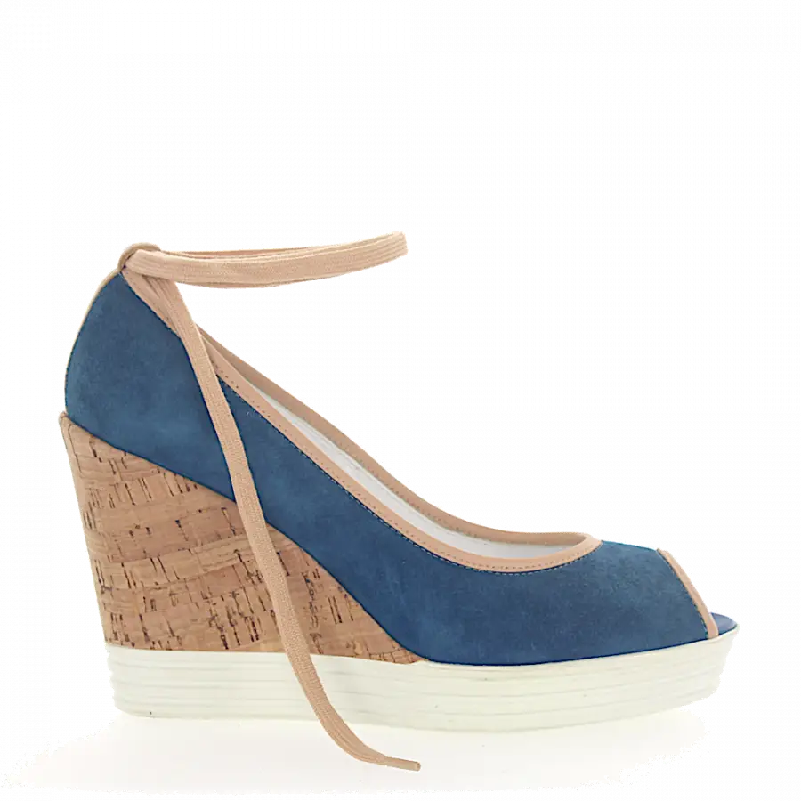 Hogan - Wedge Sandalen Peeptoe Plateau Veloursleder blau Leder beige - blau