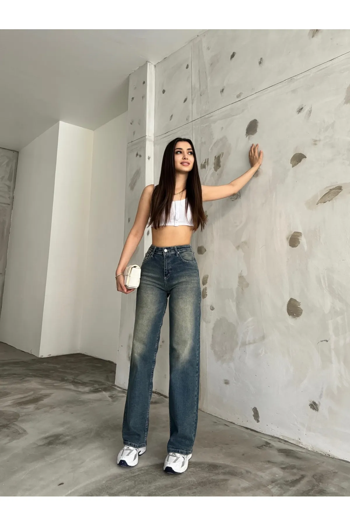 BİKELİFE  Damen-Jeans im Vintage-Stil mit hoher Taille und weitem Bein in hellem Effekt