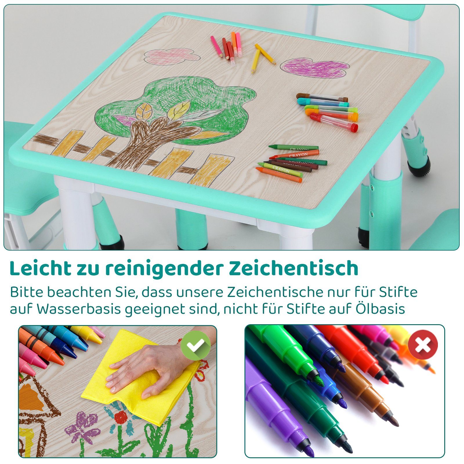 TLGREEN Kindersitzgruppe Kindertisch mit 4 Stühlen, Kindermöbel, Quadratischen Tisch Höhenverstellbar Plastik