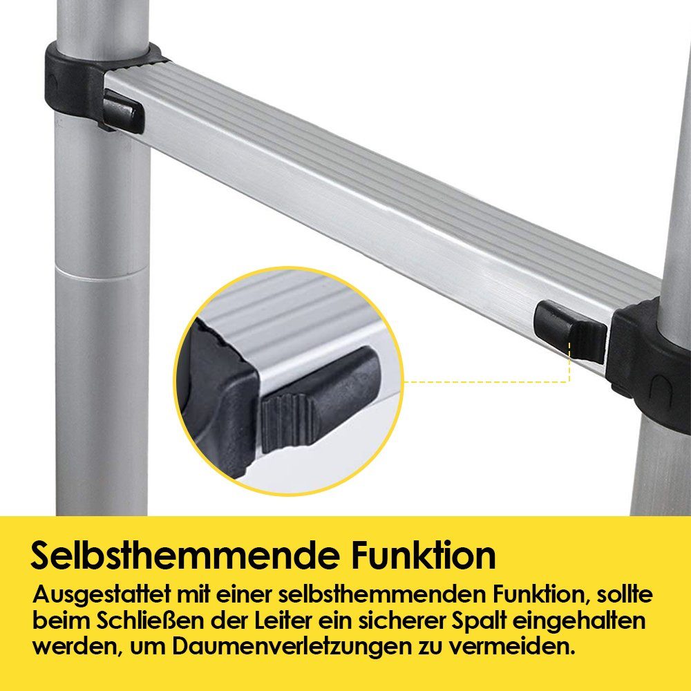 Lospitch Teleskopleiter Teleskopleiter Alu 2.6m-4.4m Ausziehleiter Anlegeleiter bis 150kg