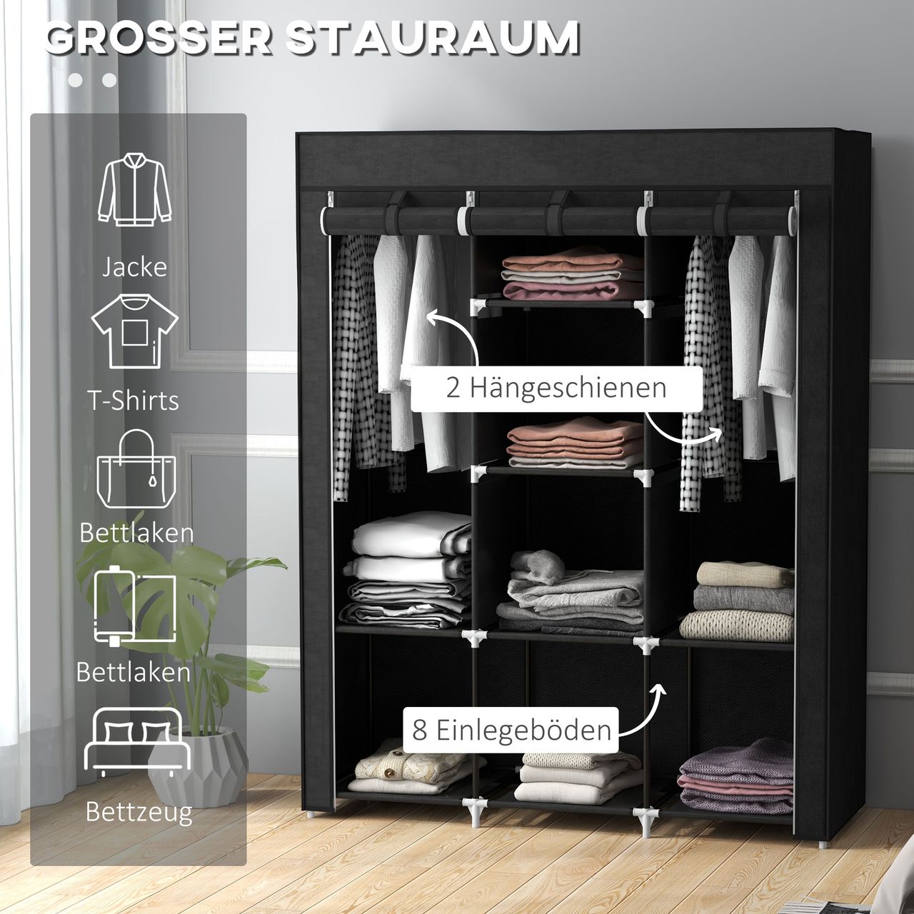 HOMCOM Stoffschrank, Faltschrank, Kleiderschrank mit Kleiderstange, 8 Ebenen