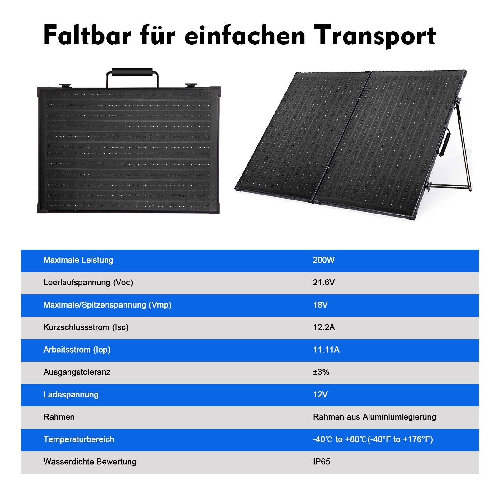 PFCTART Solaranlage 200W faltbares Photovoltaik-Panel mit verstellbarer Halterung