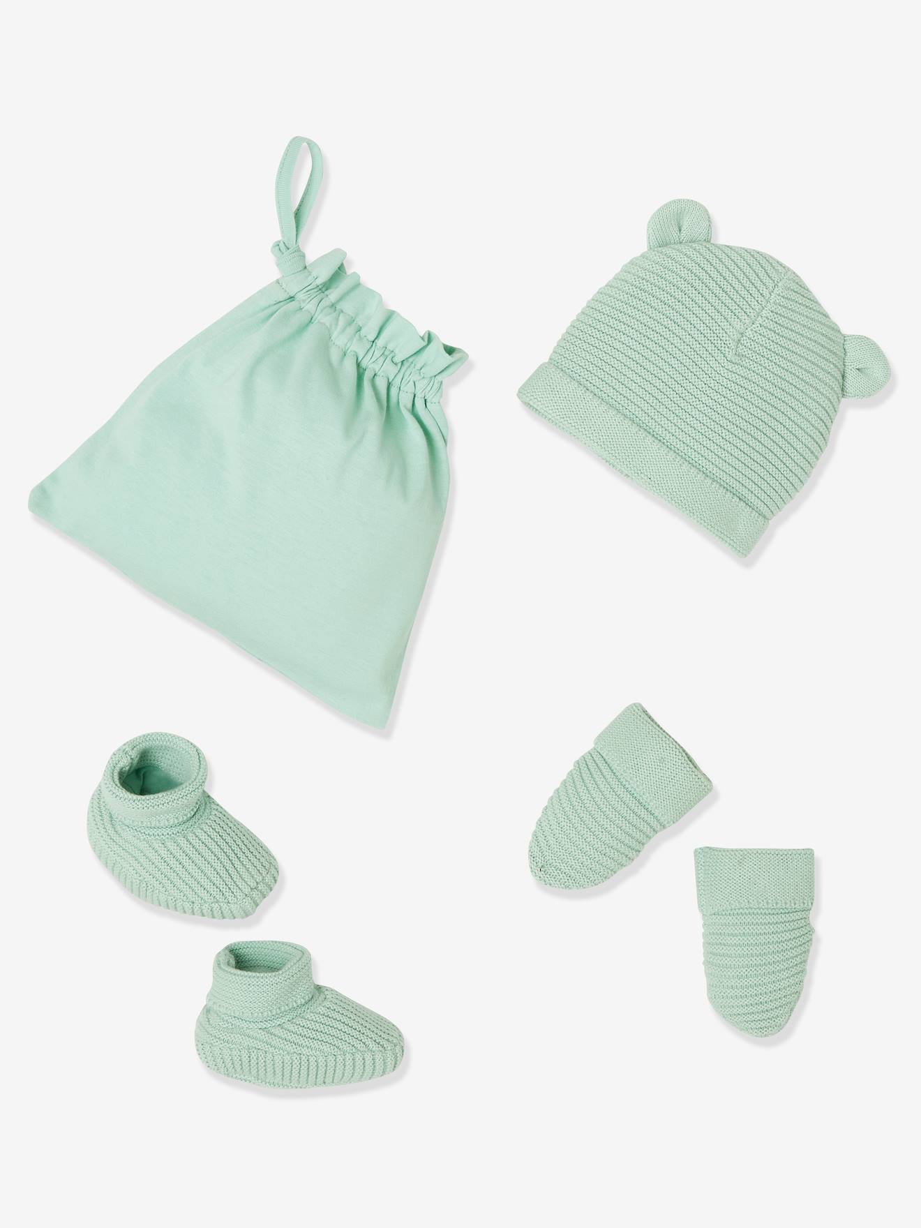 Ensemble bonnet, moufles et chaussons bébé naissance et son sac assorti marine