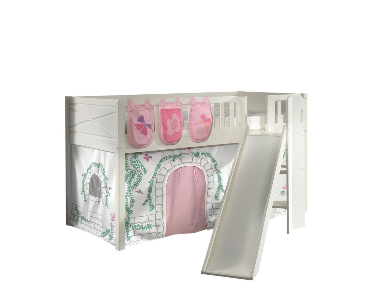 VIPACK Spielbett SCOTT, LF 90 x 200 cm, mit Rolllattenrost, Rutsche, Leiter und Textilset Vorhang und 3 Taschen 
