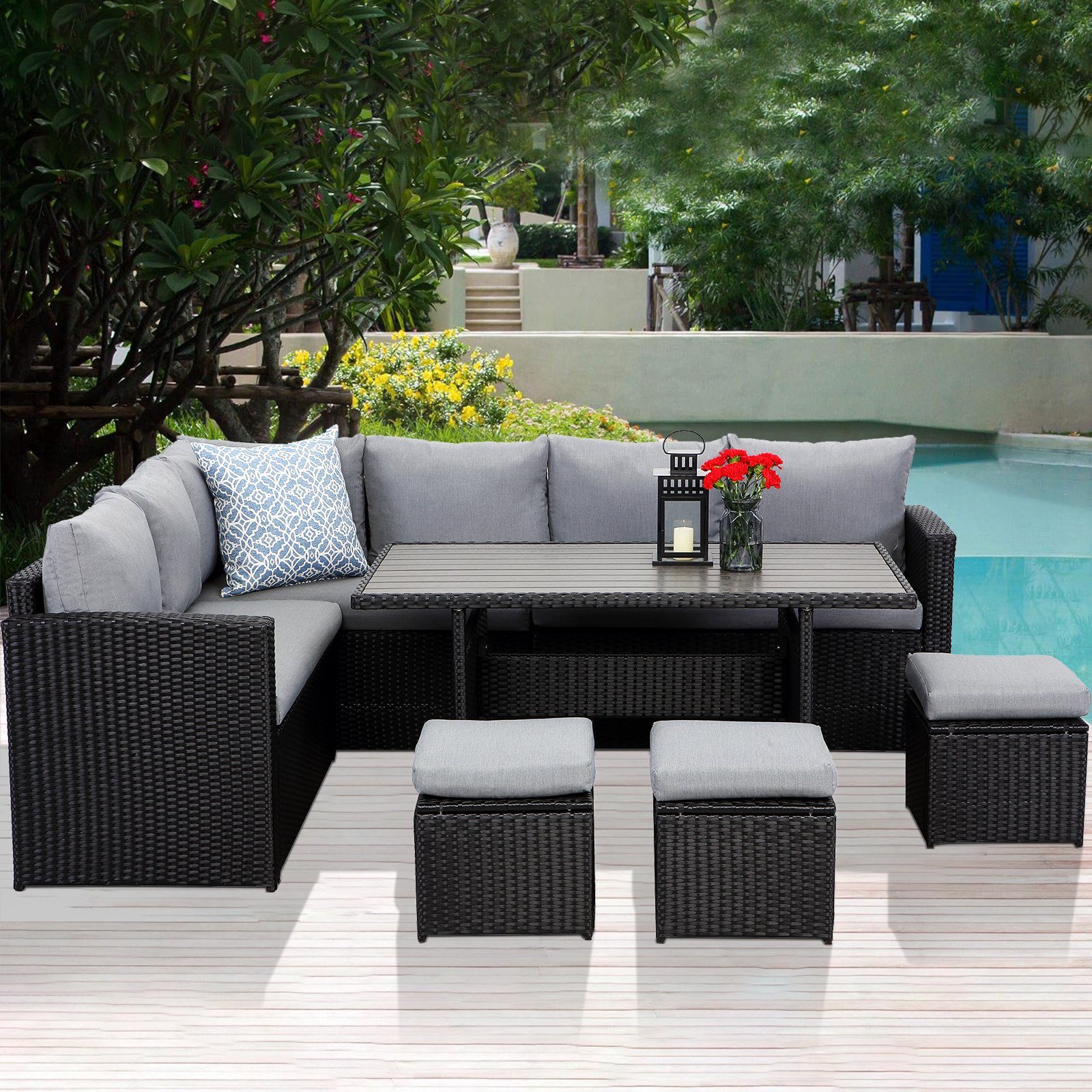 MeXo von GLP HOME Loungeset Gartenmöbel Set sale aus Polyrattan, Gartenloungeset, Sitzgruppe, (Gartengarnitur, Loungeset mit Kissen, 2-Sitzer, Ecksofa, Esstisch, 3 Hocker), Sitzgarnitur Terassenmöbel wetterfest für 6-10 Personen