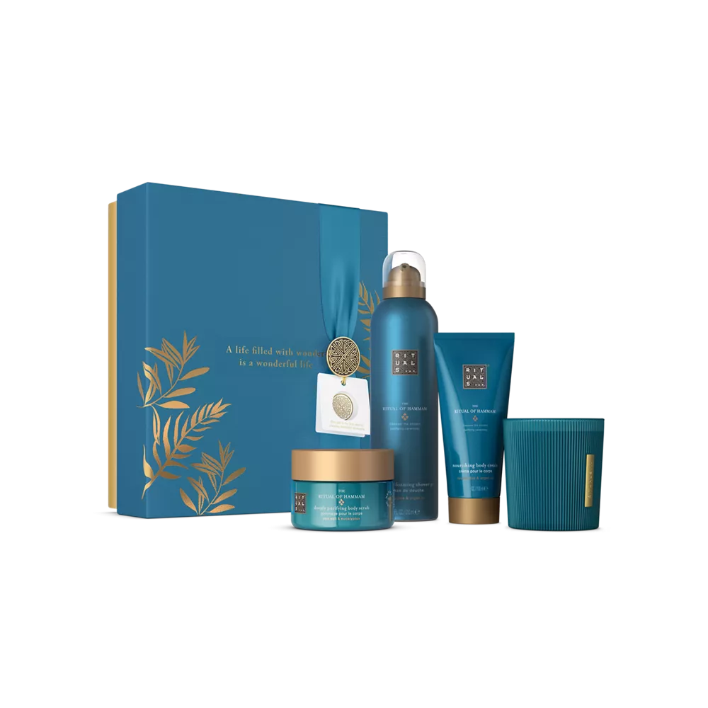 Coffret cadeau Le Rituel du Hammam M : gel douche moussant 200 ml, crème pour le corps 100 ml, gommage corporel 125 g, bougie parfumée 140 g