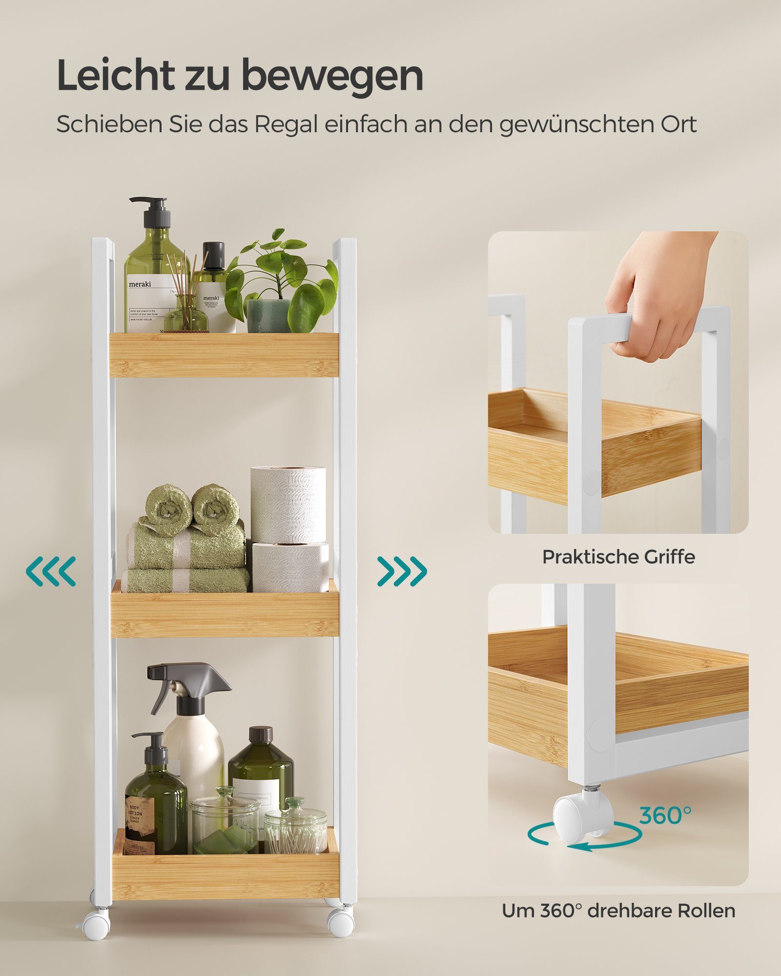 SONGMICS Badregal BCB083, SONGMICS Rollwagen, Badezimmerregal mit 3 Ebenen