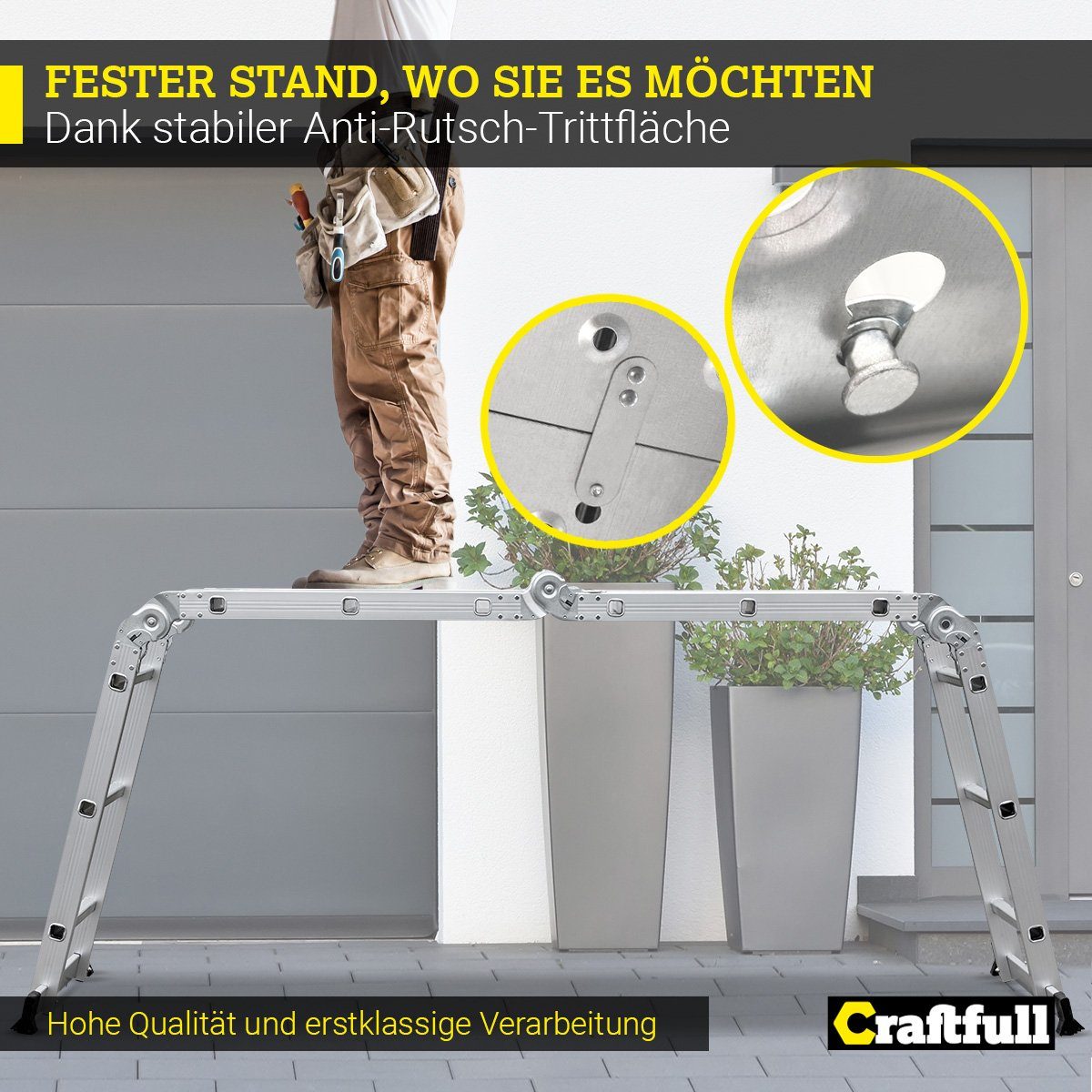 Craftfull Arbeitsplattform Alu-Plattform (einzeln) FÜR Mehrzweckleiter CF-104A - 3 J. Garantie, (4x3 - 4x4 - 4x5 Sprossen - 150 kg Traglast, 2-St., Plug & Play-Funktion, Anti-Rutsch-Standfläche, Aluminium), Arbeitsbühne für Stehleiter Klappleiter Gel