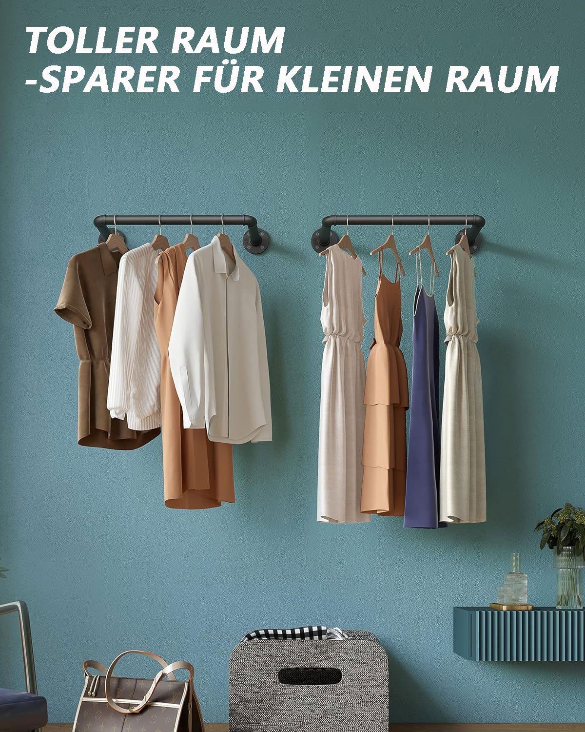 Sarfly Wäscheständer Industrierohr Kleiderstange,49 cm Kleiderstangen wandmontage, Abnehmbare Retro- Garderobenstangen aus Metall