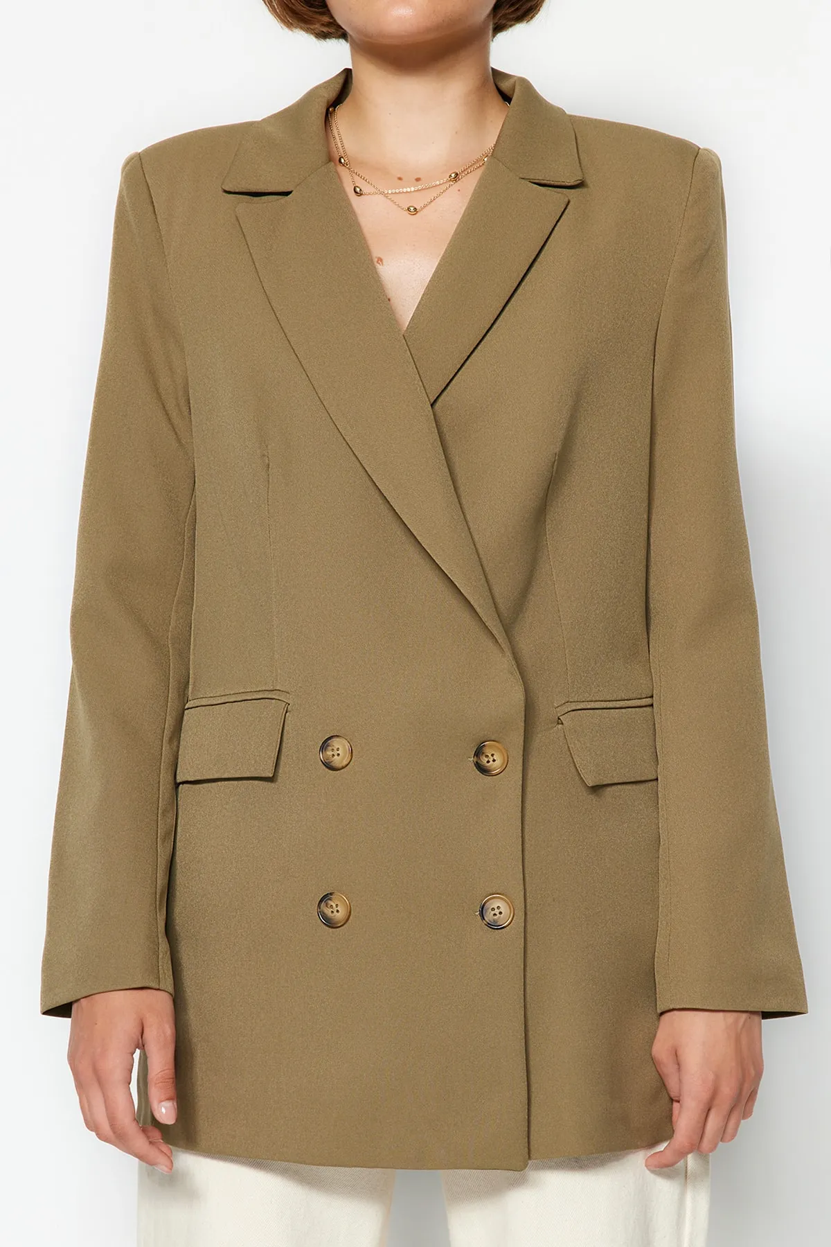 Trendyol Collection  Hellkhakifarbene, gefütterte, geknöpfte, gewebte Blazerjacke TWOAW22CE0167