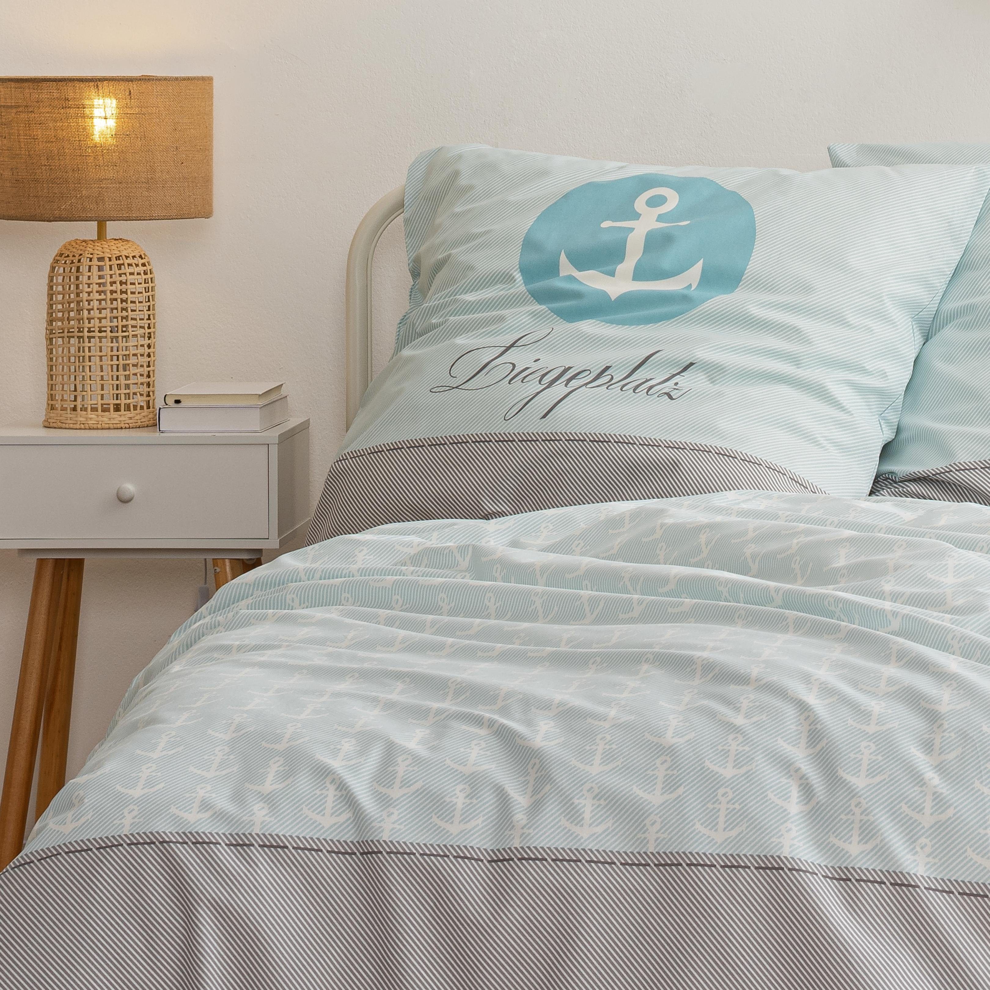 Bettwäsche Liegeplatz Anker 135x200 + 80x80 cm, 100 % Baumwolle, MTOnlinehandel, Biber, 4 teilig, maritime, gestreifte Bettwäsche. Ideal als Partnerbettwäsche