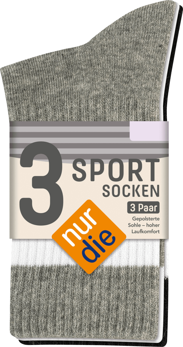 Sportsocken weiß + grau + schwarz Gr. 39-42, 3 St
