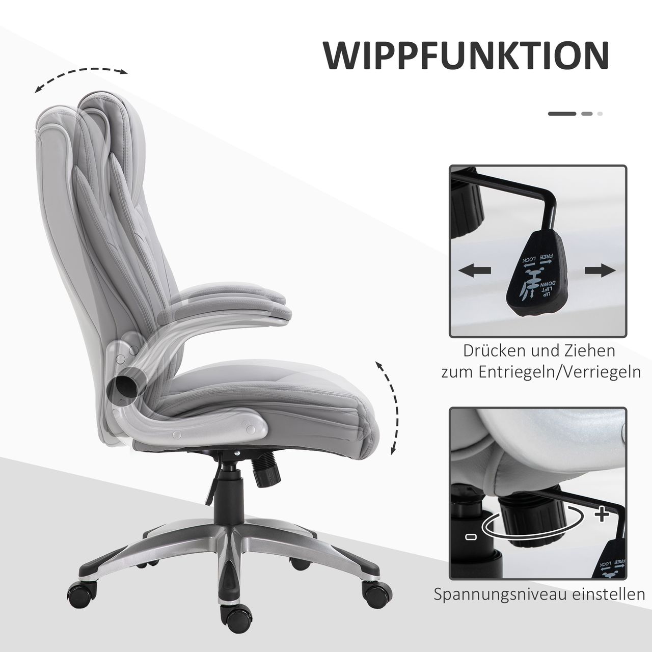 HOMCOM Vinsetto Bürostuhl mit Wippfunktion höhenverstellbar Kunstleder Grau 69,5 x 76 x 113–121 cm