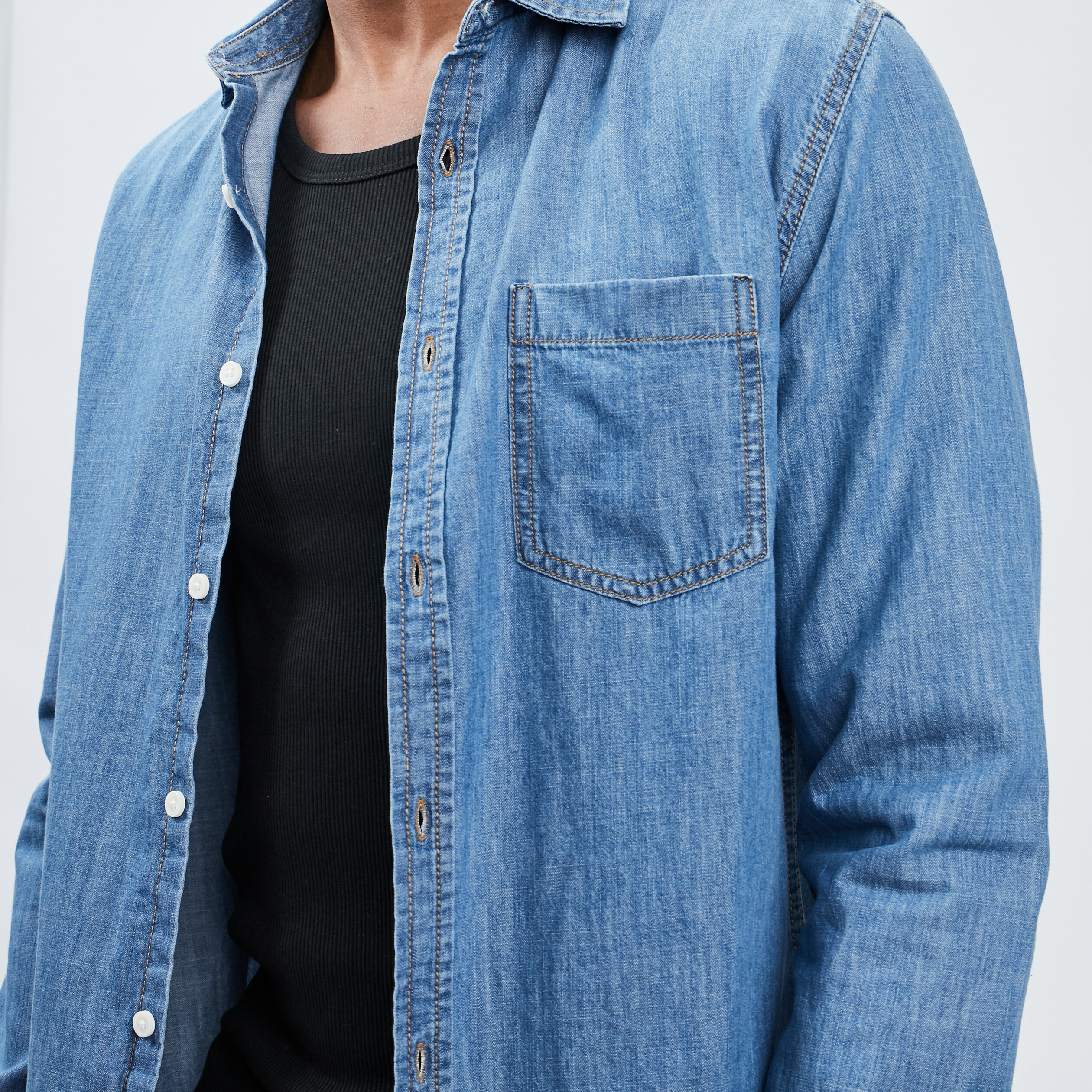 Chemise droite manches longues denim double stone homme | La Halle