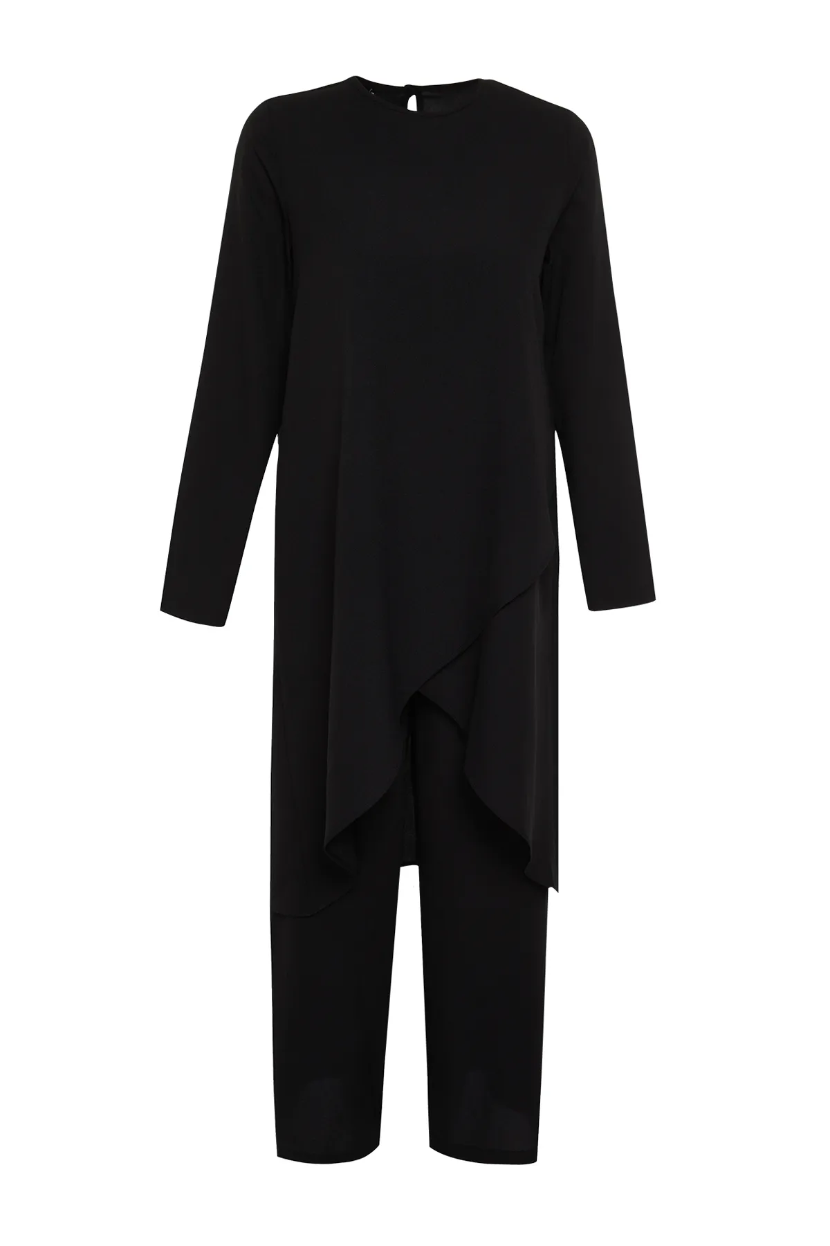 Trendyol Modest  Schwarzes asymmetrisches gewebtes Tunika-Hosen-Oberteil und Unterteil-Set TCTSS24US00074