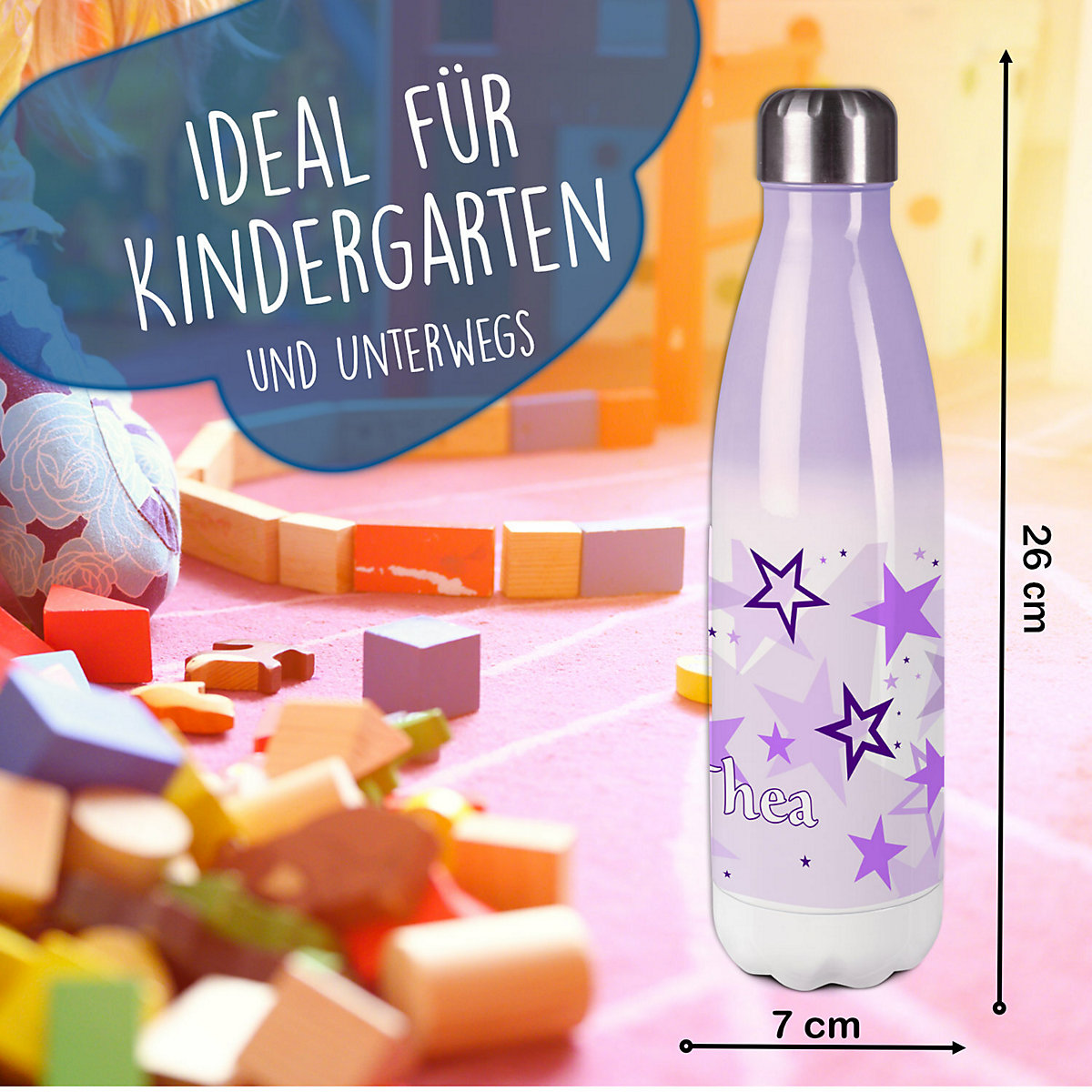 Edelstahl Kinder Thermoflasche / Trinkflasche bunt Sternenhimmel Farbe lila Spülmaschinenfest, Auslaufsicher, Bruchfest, Doppelwandig, Für Heißgetränke geeignet, Mit Deckel, Isoliert