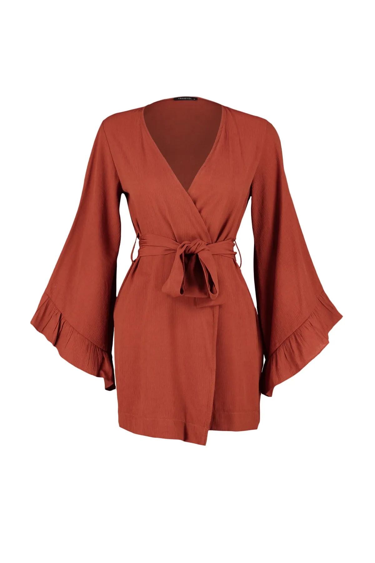 Trendyol Collection  Zimtfarbener, gewebter Mini-Volant-Kimono und -Kaftan mit Gürtel TBESS21KM0002