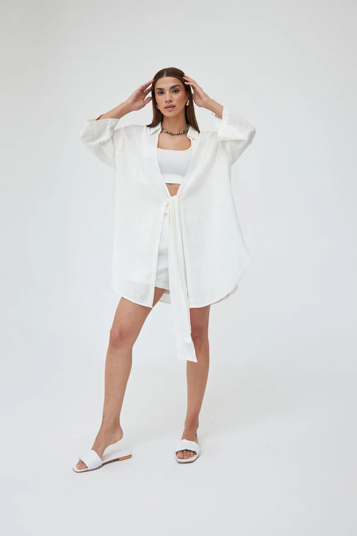 Laluvia  Off White Flam Leinen-Kimono-Hemd