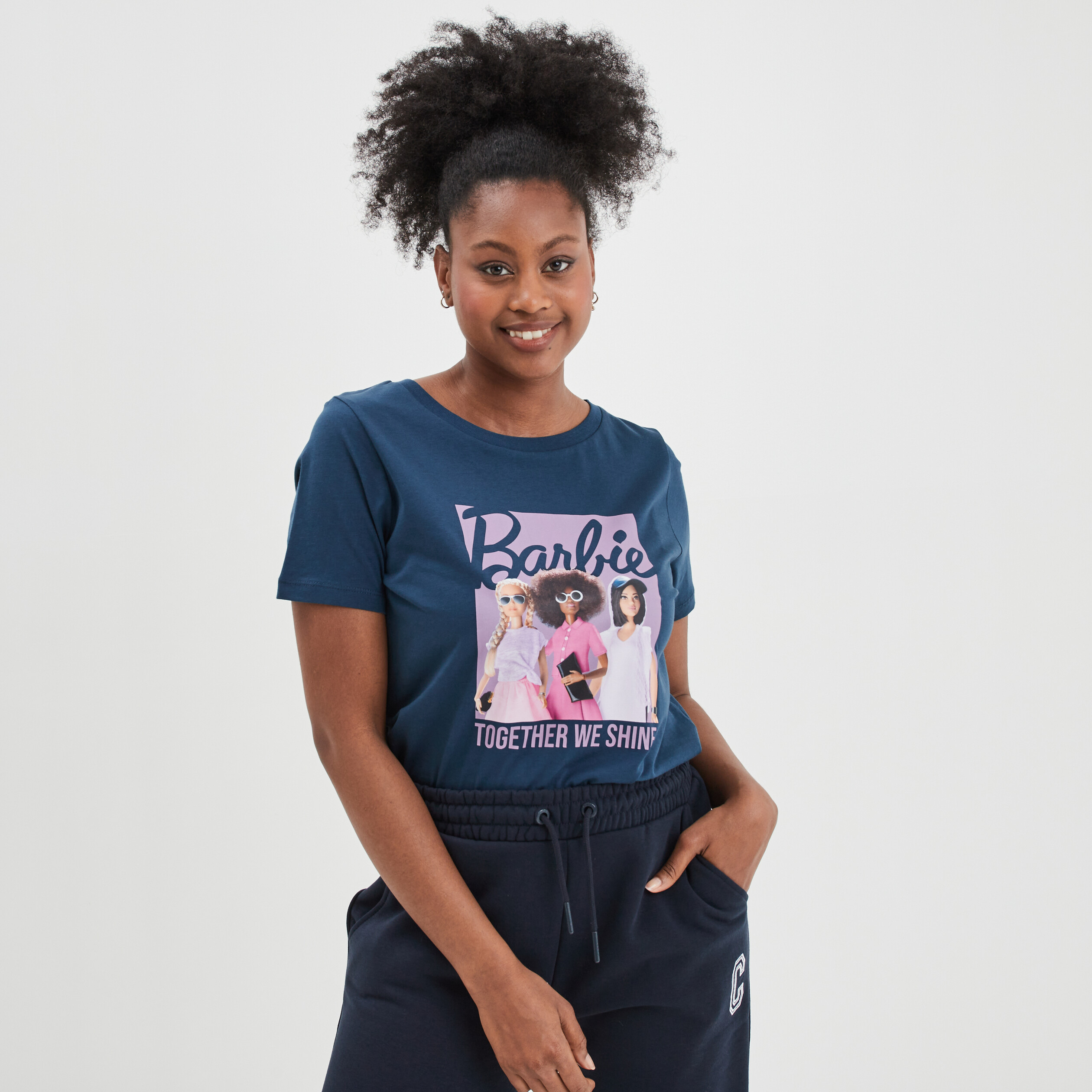 T-shirt manches courtes coton Barbie bleu marine femme | La Halle