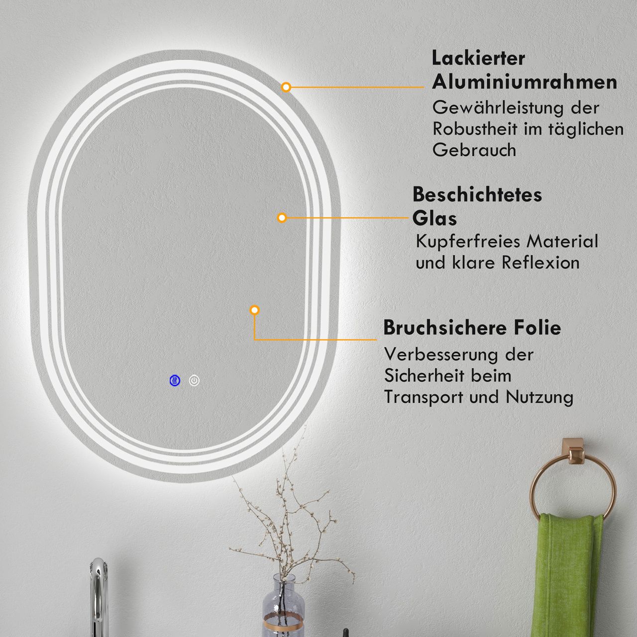kleankin Badspiegel mit Beleuchtung 70x50cm Wandspiegel mit 3 Lichtfarben