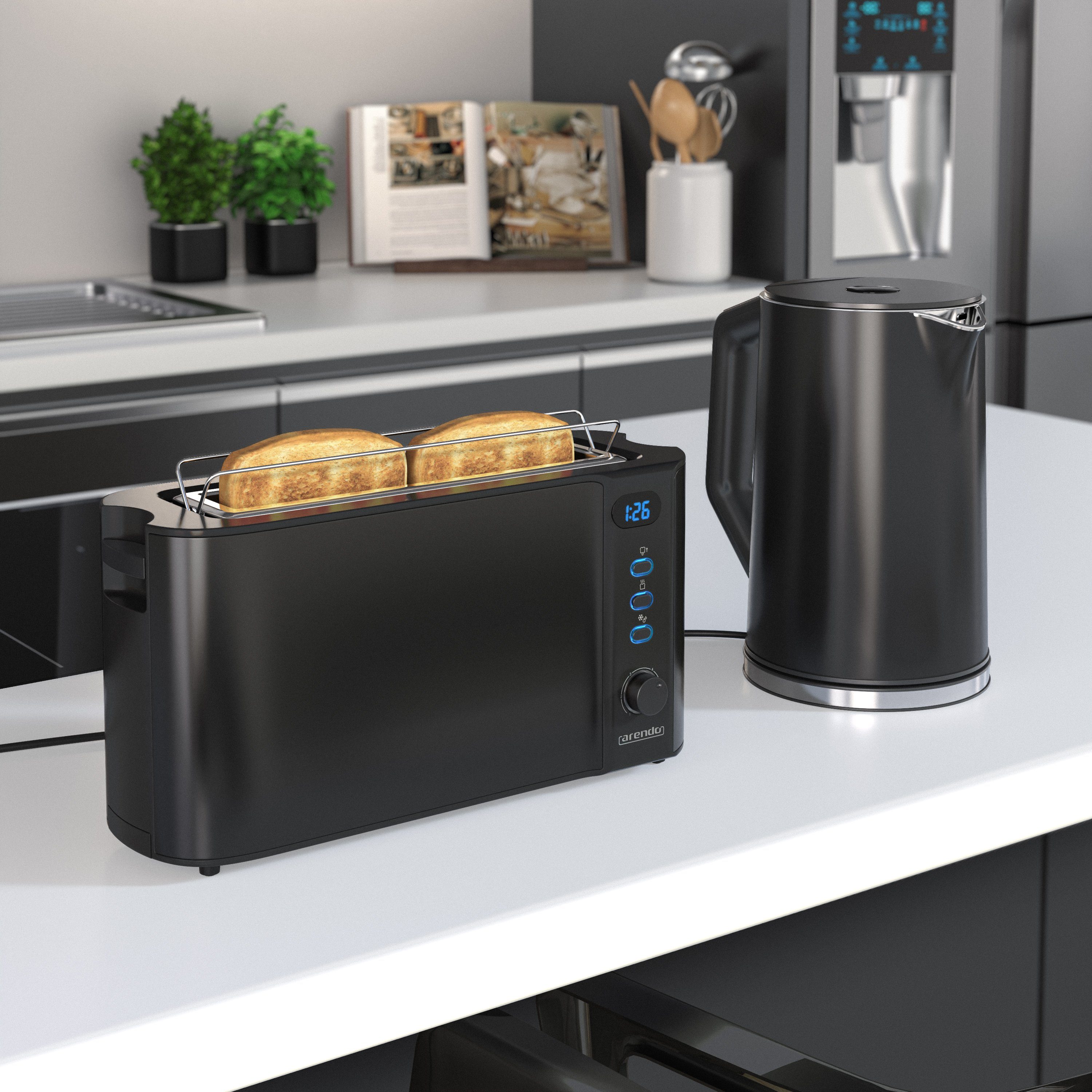 Arendo Frühstücks-Set (2-tlg), Wasserkocher 1,5l / 2-Scheiben Langschlitz Toaster, Edelstahl, Schwarz