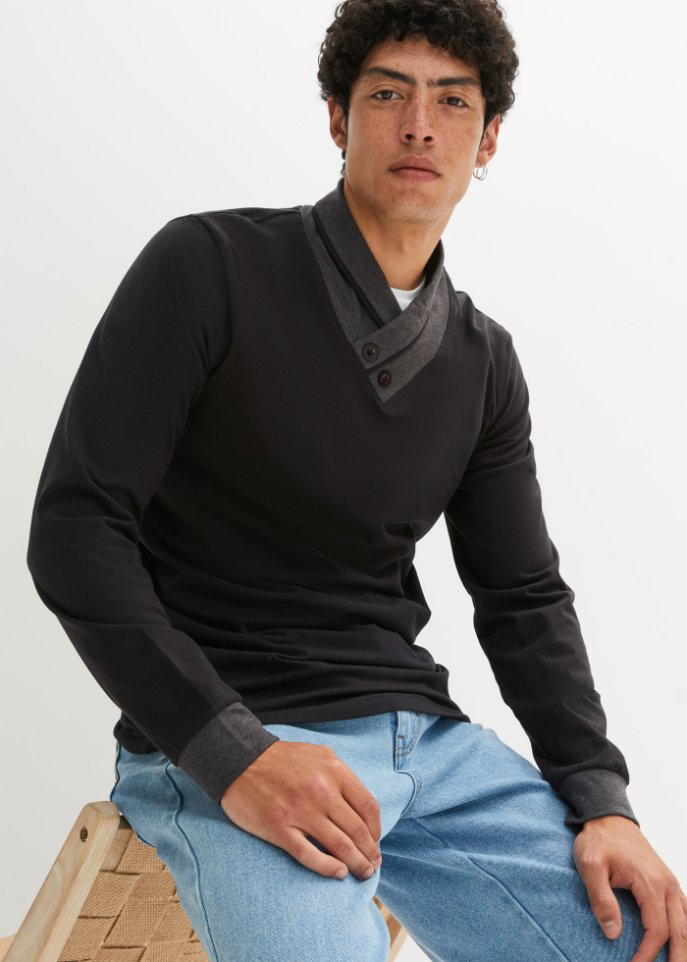 Langarmshirt mit Schalkragen, Slim Fit