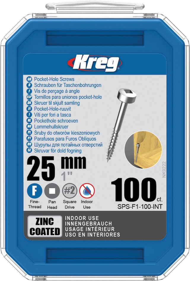 Parafusos de furo oblíquo Kreg SPS-F1-100-INT, 25 mm, galvanizados, cabeça panela, rosca fina, 100 peças